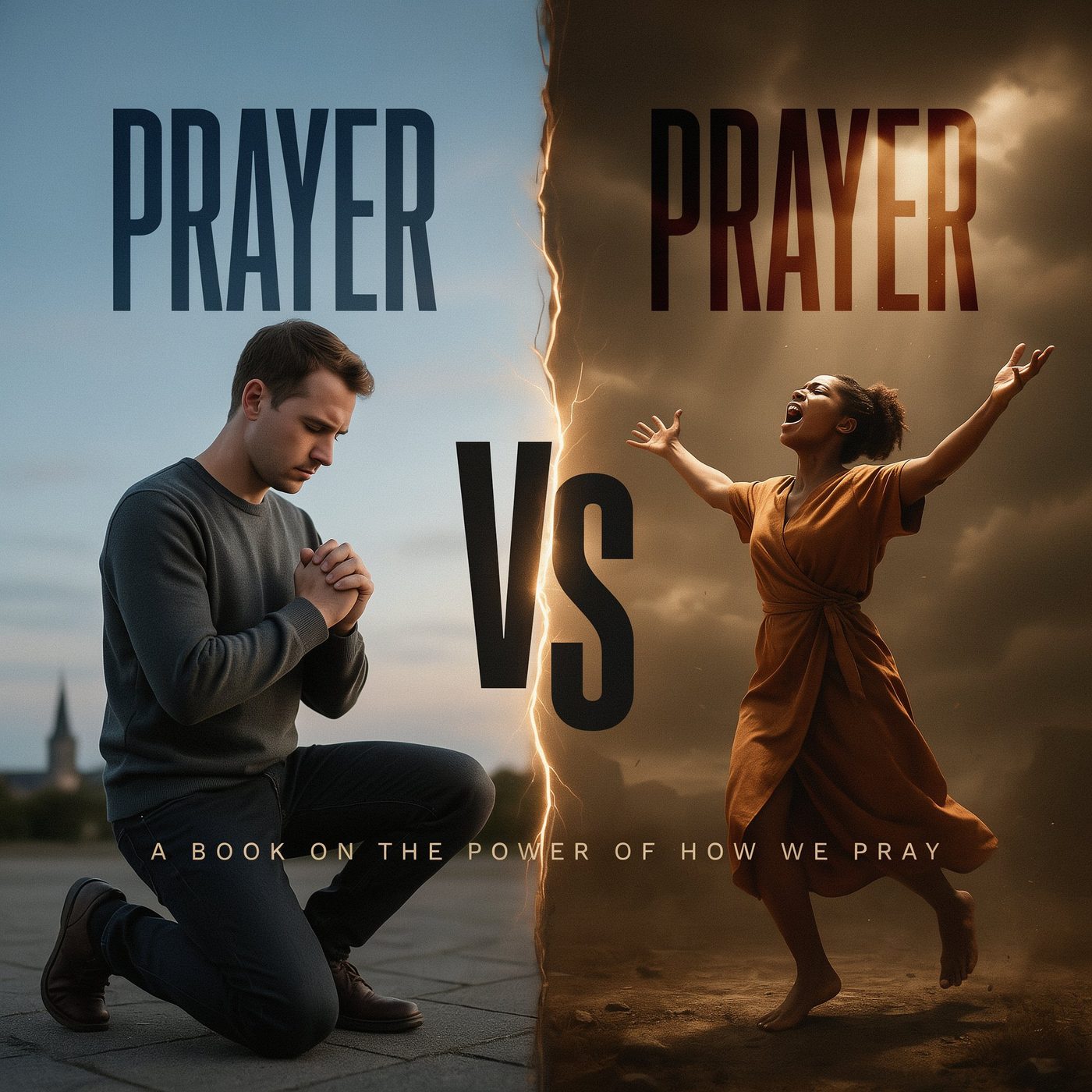 Prayer vs Prayer — two believers in prayer: one kneeling in quiet communion, one with arms raised in fervent worship, divided by a line of light.